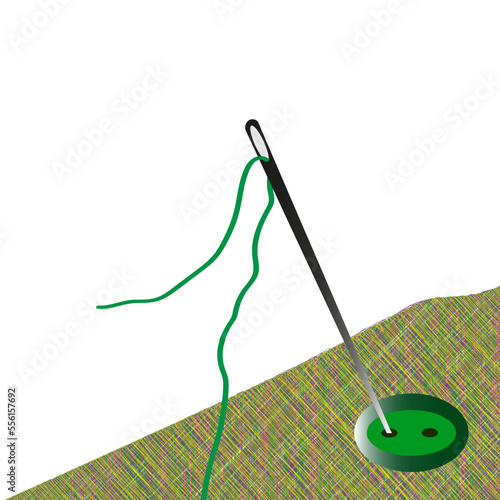 needle with thread, button and fabric