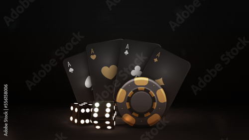 Black and gold playing cards, dice and black casino chips in dark scene