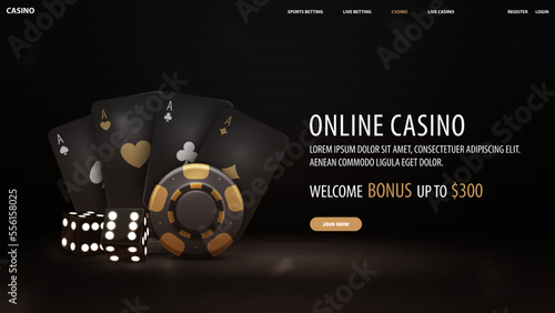 Online casino, black invitation banner for website with welcome bonus, button, gold casino playing cards, dice and poker chips