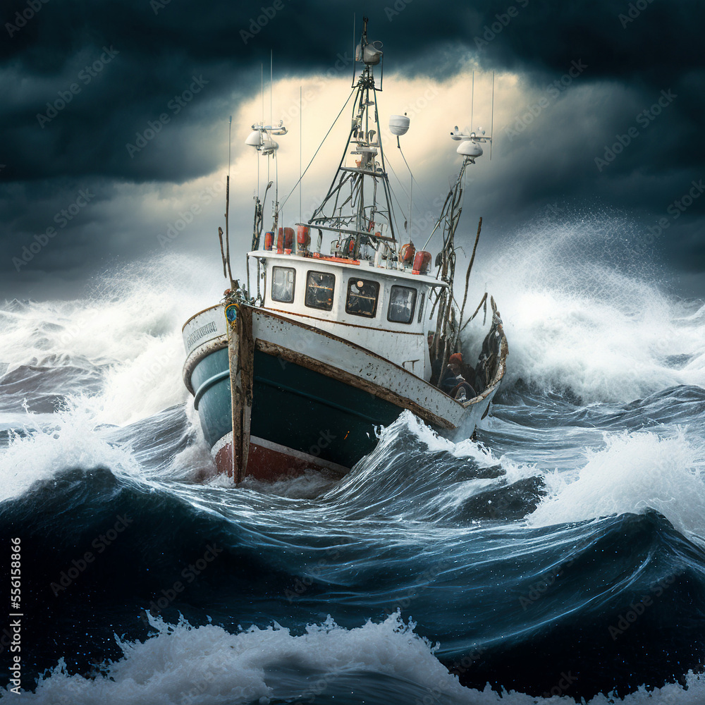 fishing boat in storm with big waves. generative ai Stock Illustration