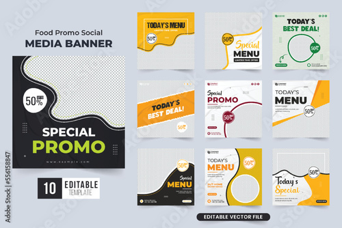 Special food promo template bundle with dark and yellow colors. Modern restaurant business promotion poster template set for marketing. Culinary food advertisement web banner collection vector.
