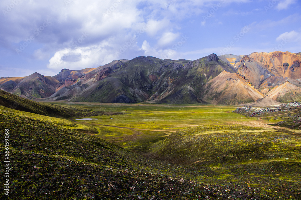 Colourful Mountains, Green Moss, Geothermal Pools, Beautiful Volcano Valley Landmannalaugar, Iceland Colourful Mountains, Green Moss, Geothermal Pools, Beautiful Volcano Valley Landmannalaugar, Iceland