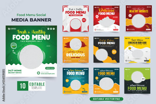 Fresh and healthy food menu template bundle for social media promotion. Special food menu social media post set vector for restaurants. Culinary business advertisement poster collection.
