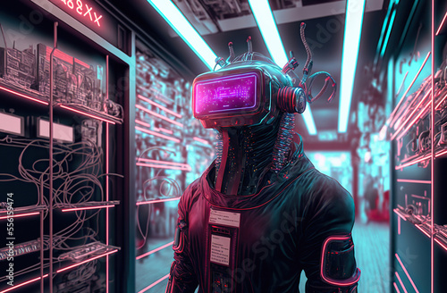 Illustration of person wearing VR headset, cyberpunk vibe,biopunk