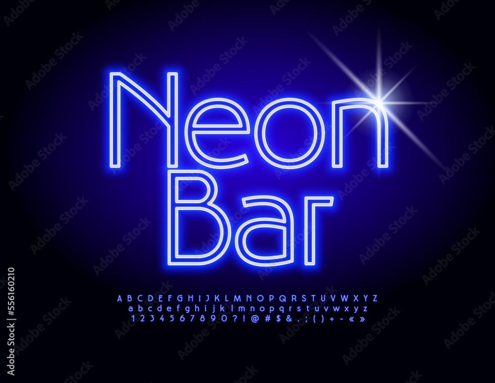 Vector artistic banner Neon Bar. Elegant Electric Font. Bright Glowing Alphabet Letters and Numbers set