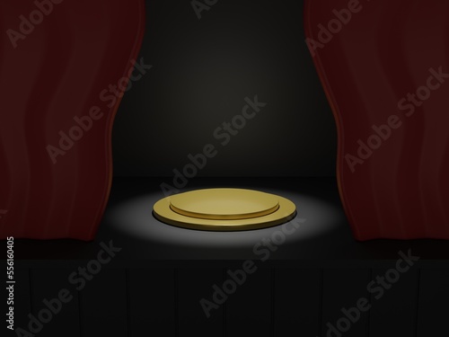 Set of 3D background stage with golden stand podium, curtain, dark, focus on the middle of stage and advertising scene on dark backdrop.