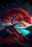 Tree in the sunset. AI generated art illustration.