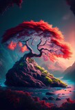 Tree in the sunset. AI generated art illustration.