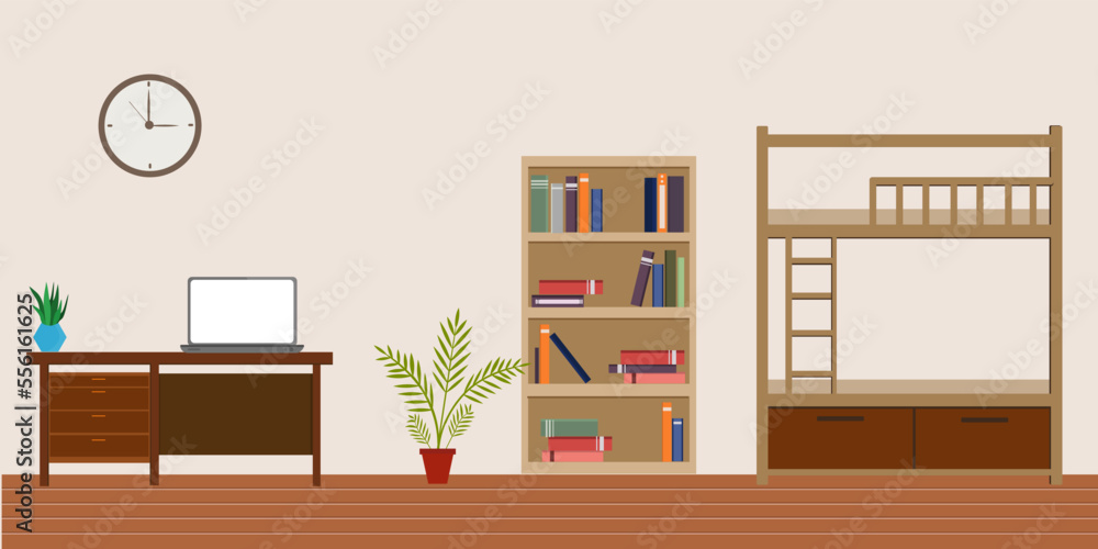 room interior with bookshelf with bunk bed window and chest of drawers and with computer for workspace room interior with bookshelf with bunk bed window and chest of drawers and with computer for workspace