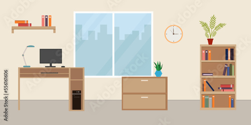 room interior with a sofa and shelves with books with a window and a chest of drawers on a light background