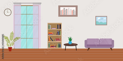 room interior with large window with bookshelves and sofa with purple wallpaper