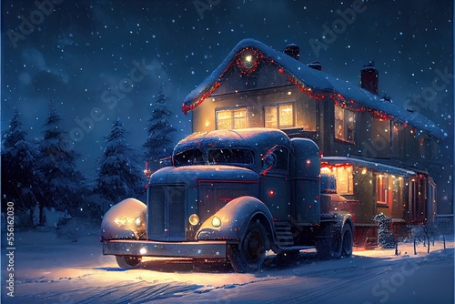 Truck in the snow. AI generated art illustration.  