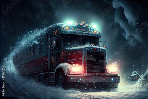 Truck in the snow. AI generated art illustration. 