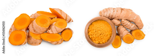 turmeric root slices isolated on white background close up