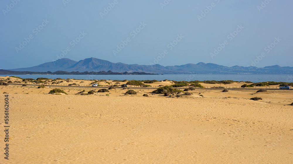 Sand dunes of Corralejo National Park on the the island of Fuerteventura. In the background is the neighboring island of Lanzarote, Canary Islands, Spain Sand dunes of Corralejo National Park on the the island of Fuerteventura. In the background is the neighboring island of Lanzarote, Canary Islands, Spain