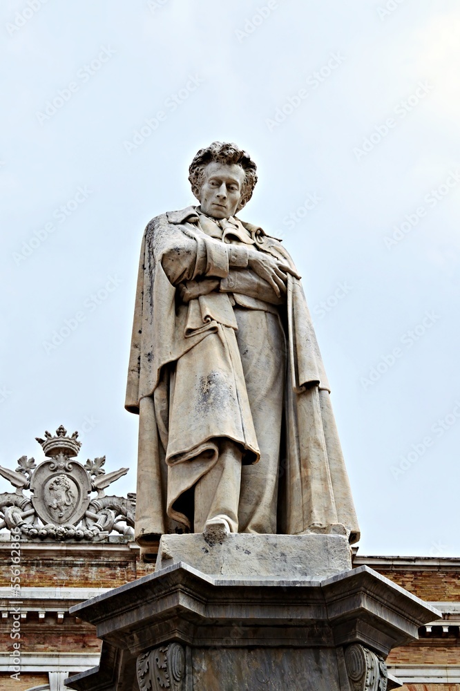 Monumental statue of the Italian poet Giacomo Leopardi in Recanati, Macerata, Italy