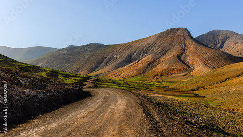 Mountain landscape with dirt road in Fuerteventura, Canary Islands, Spain