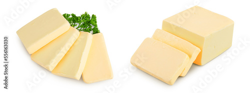 butter slices isolated on white background with full depth of field. Top view. Flat lay