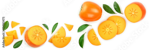 persimmon slice with leaves isolated on white background with copy space for your text. Top view. Flat lay pattern