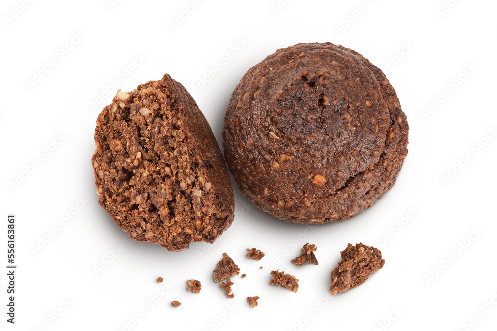 chocolate cookie with kerob, banana, cashew, sunflower seeds isolated on white background. Healthy food, gluten-free, flour-free. Top view. Flat lay. chocolate cookie with kerob, banana, cashew, sunflower seeds isolated on white background. Healthy food, gluten-free, flour-free. Top view. Flat lay.