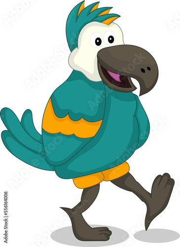 Parrot character walking with smile. Vector flat cartoon illustration