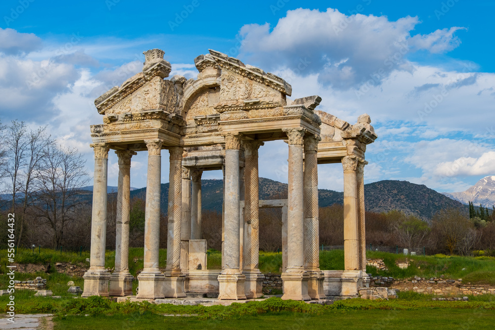 Famous Tetrapylon Gate in Aphrodisias ancient city. Archaeological and historical sites of modern Turkey