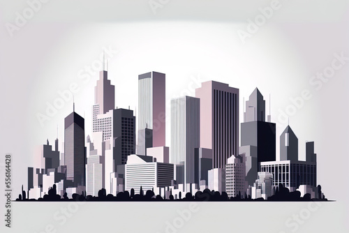 white background with a cityscape Building perspective, contemporary structure in the city skyline, city silhouette, business district, flat illustration. Generative AI #556164428