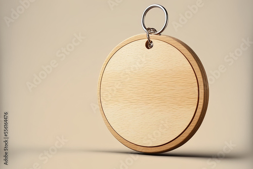 Mockup of a blank wooden circular tag on a chain, from the side. Unfilled mock up of a wooden keychain or trinket holder in the shape of a circle. Clear breloque keyholder template for household use photo