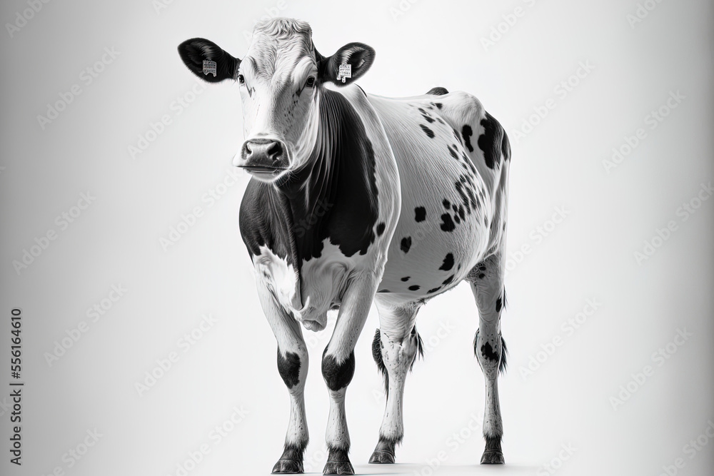 Cow in its whole, white, isolated. Cow in black and white rising up against a white backdrop. animal farm. Generative AI