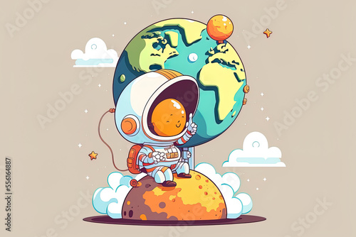 Cartoon symbol of an astronaut perched on a cloud holding a globe in a balloon. science technology symbol design, flat cartoon style, isolated. Generative AI © 2rogan
