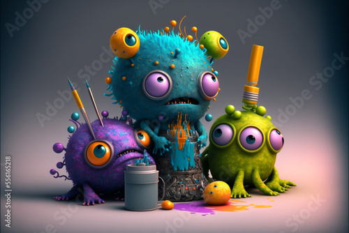 Group of cute little baby alien monsters working and crafting. Colorful monster aliens children in a workshop. Generative AI illustrations
