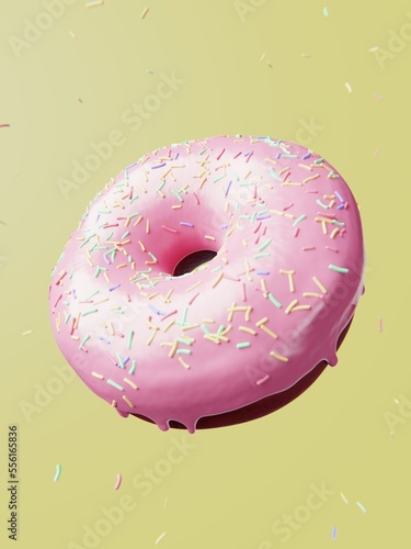 Doughnut with pink glaze and sprinkles in yellow background