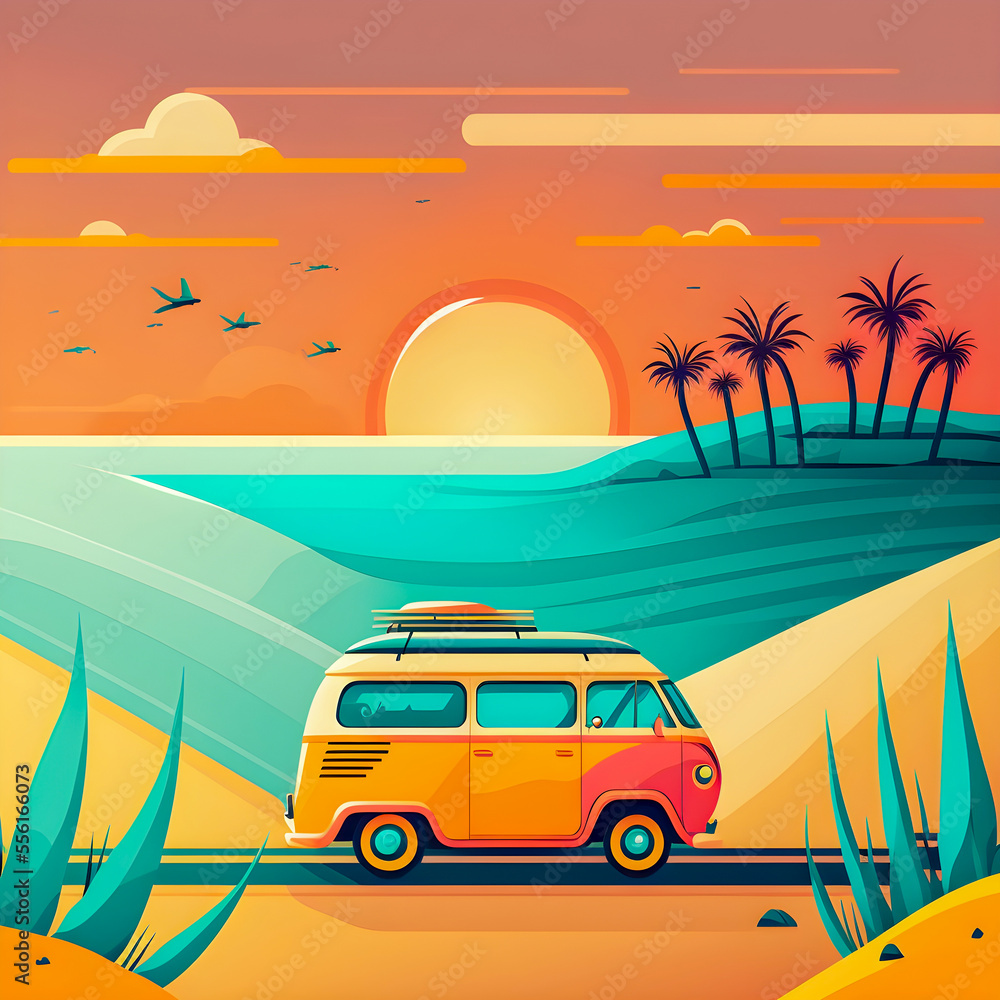 Traveling by car, beach landscape, happy holiday illustration