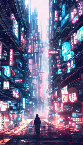 A man walking in a futuristic city street withnglowing ad banners, digital panting