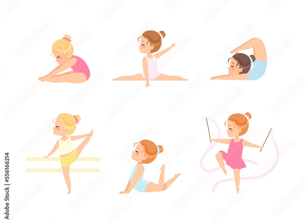 Little Girl Gymnast Wearing Leotard Doing Gymnastics Vector Set Little Girl Gymnast Wearing Leotard Doing Gymnastics Vector Set