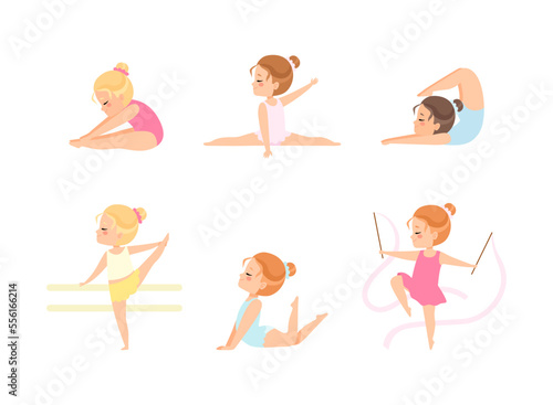 Little Girl Gymnast Wearing Leotard Doing Gymnastics Vector Set