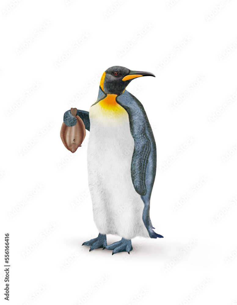Fototapeta premium manchot, empereur, poisson, limande, dans la main, demander, antarctique, frigide, neige, faune, illustration, arctique, hiver, blanc, glace, animal, nature