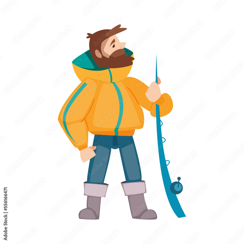 Bearded Fisherman Standing with Rod Engaged in Capturing Fish Vector Illustration Bearded Fisherman Standing with Rod Engaged in Capturing Fish Vector Illustration