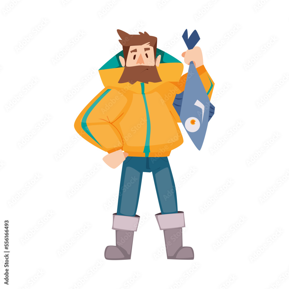 Bearded Fisherman in Rubber Boots Holding Huge Fish Vector Illustration