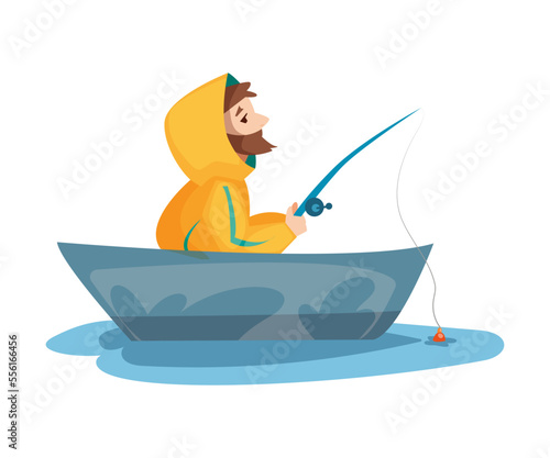 Bearded Fisherman on Board of Boat Capturing Fish with Rod Vector Illustration