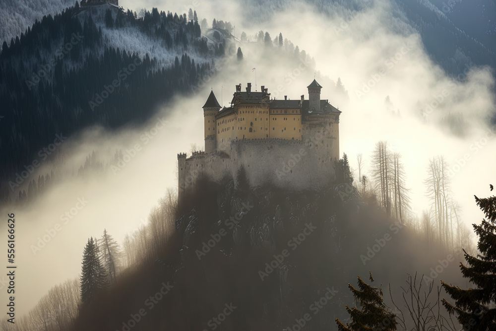 Austrian Hohenwerfen castle in the fog, next to Eisriesenwelt. Generative AI
