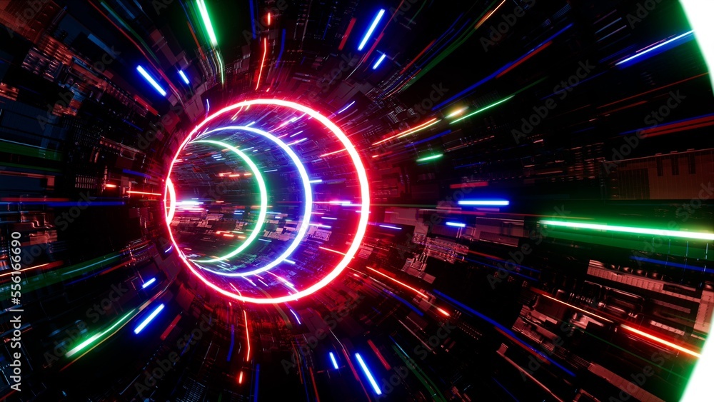 Fototapeta premium Glowing red and blue and green technology in the futuristic tunnel 3d rendering