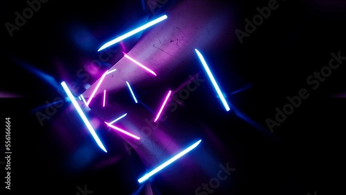 Neon Fluorescent Lamps in the Dark Tunnel, 3D Rendering