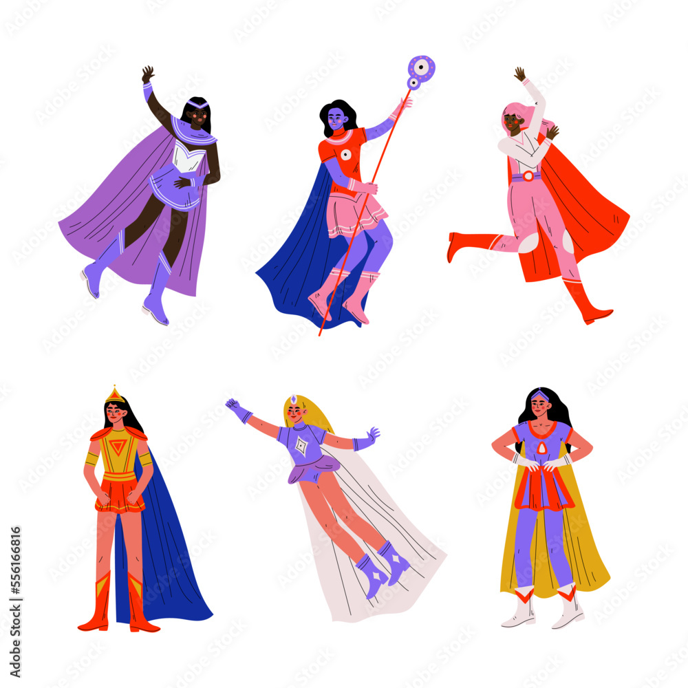 Superhero Woman Character Wearing Cloak Having Superpower Vector Set
