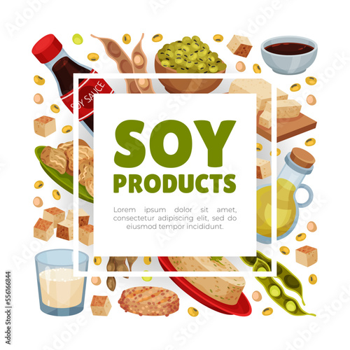 Natural Soy Products Banner Design with Soy Bean, Tofu and Sauce Vector Template