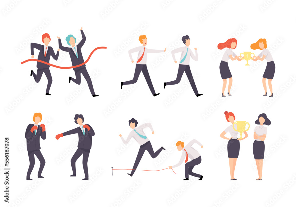 Business and Career Competition with Man and Woman Office Worker Competing with Each Other Vector Set