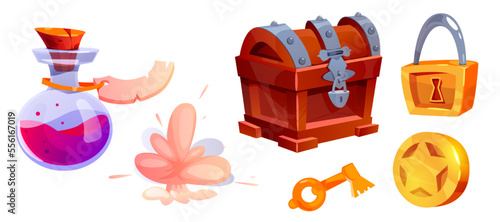 Game Items and Objects with Chest, Key, Coin, Lock and Potion Jar Vector Set