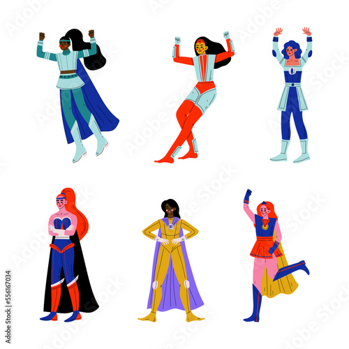 Superhero Woman Character Wearing Cloak Having Superpower Vector Set
