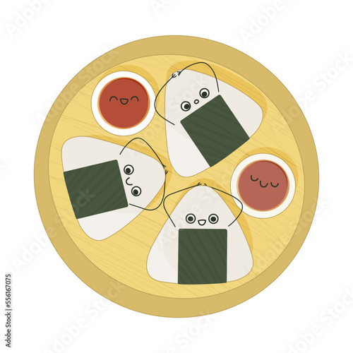 Onigiri characters lying on wooden plate vector illustration. Cute rice balls wrapped in nori and sauces with different emotions. Flat cartoon style