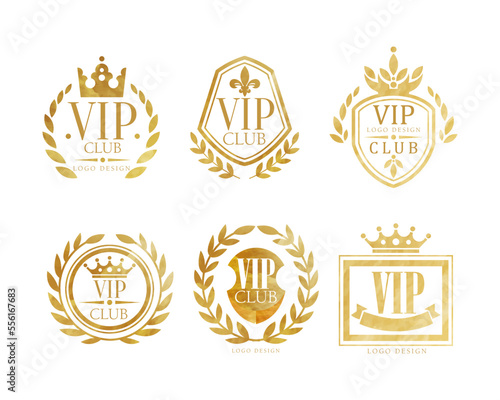 Golden Vip Monograms with Laurel and Crown Vector Set